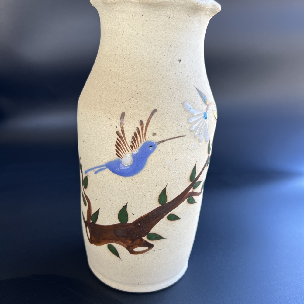 Tonala Handpainted Vase With Hummingbird 8¼" High Made In Mexico Signed CD